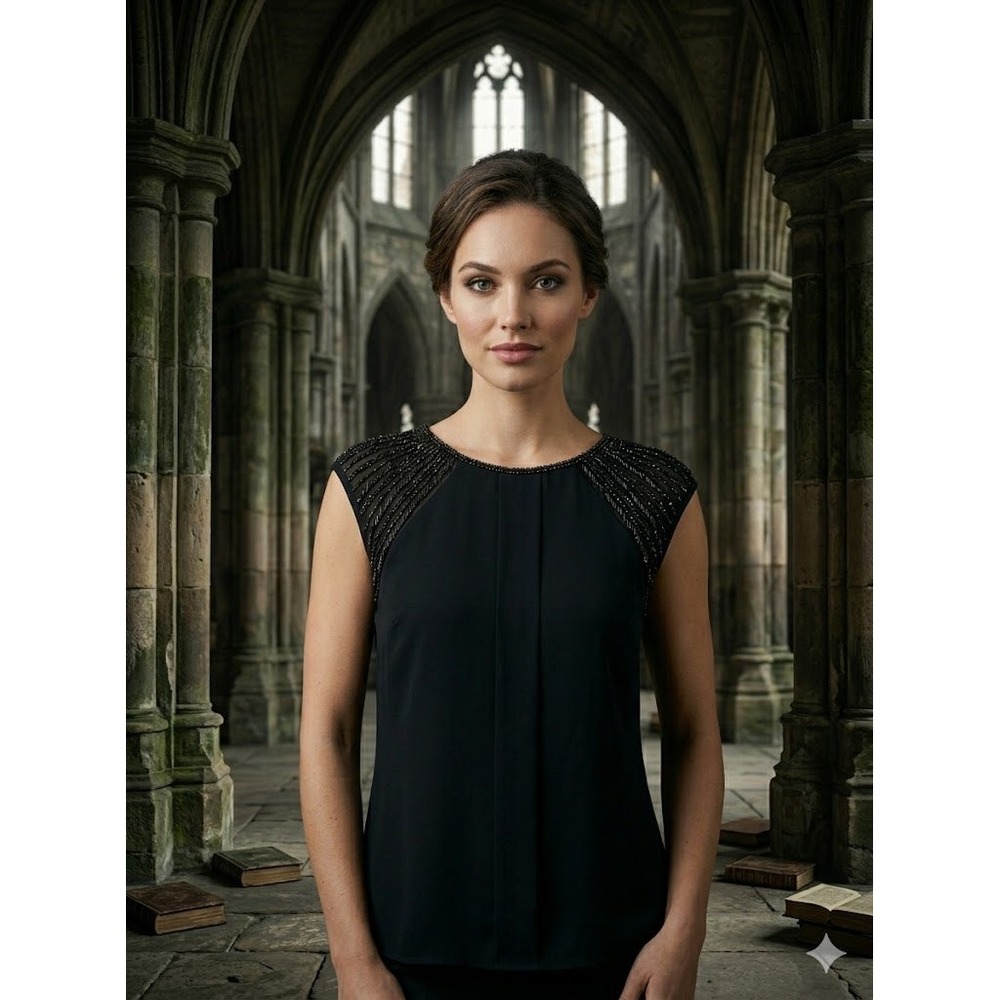 White House Black Market Beaded Mesh Shoulder Blouse Black Cap Sleeve Top‎ 8